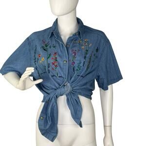 Vintage Y2K Womens Wildflower Nature Embroidered Chambray Button Up Shirt Size M